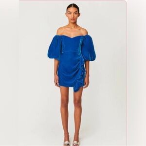 RHODE Adrian Velvet Mini Dress Size 6 NWT Blue Off Shoulder Puff Sleeve $545
